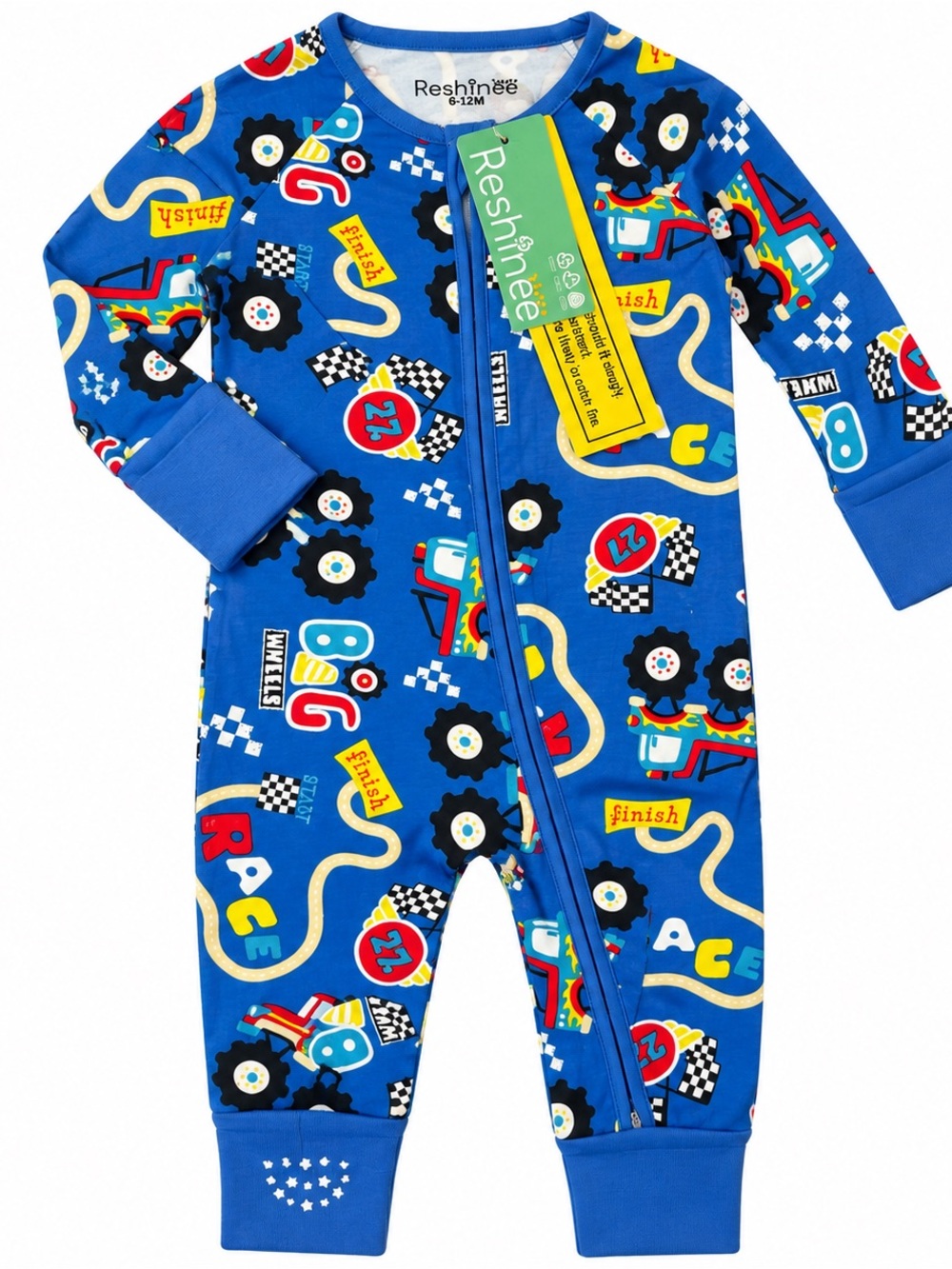Reshinee Bamboo Blue Race Car Print Baby One-Piece